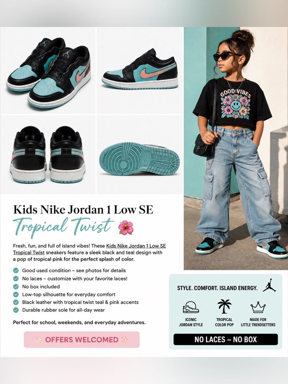 Kids Nike Air Jordan 1 Low SE Tropical Twist – No Laces
